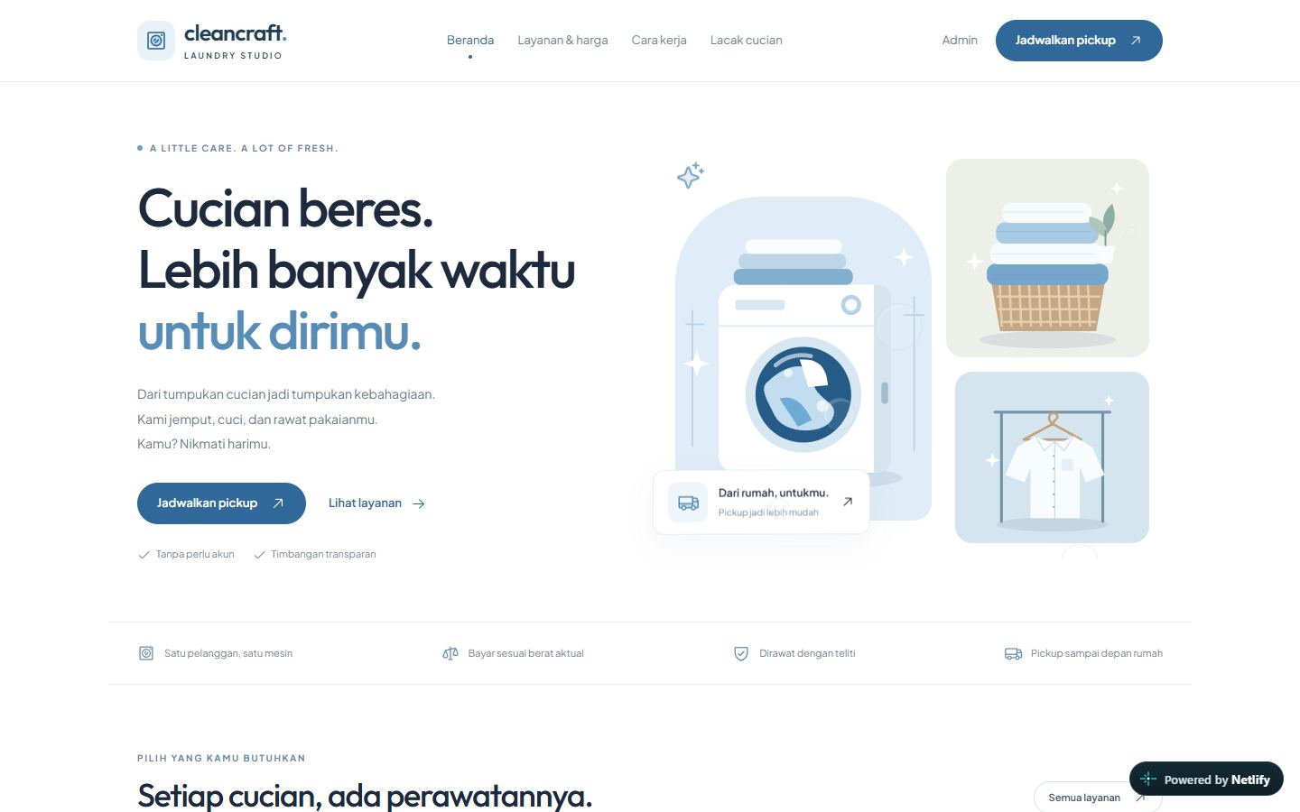 Tampilan website CleanCraft Laundry: katalog layanan dan penjadwalan pickup